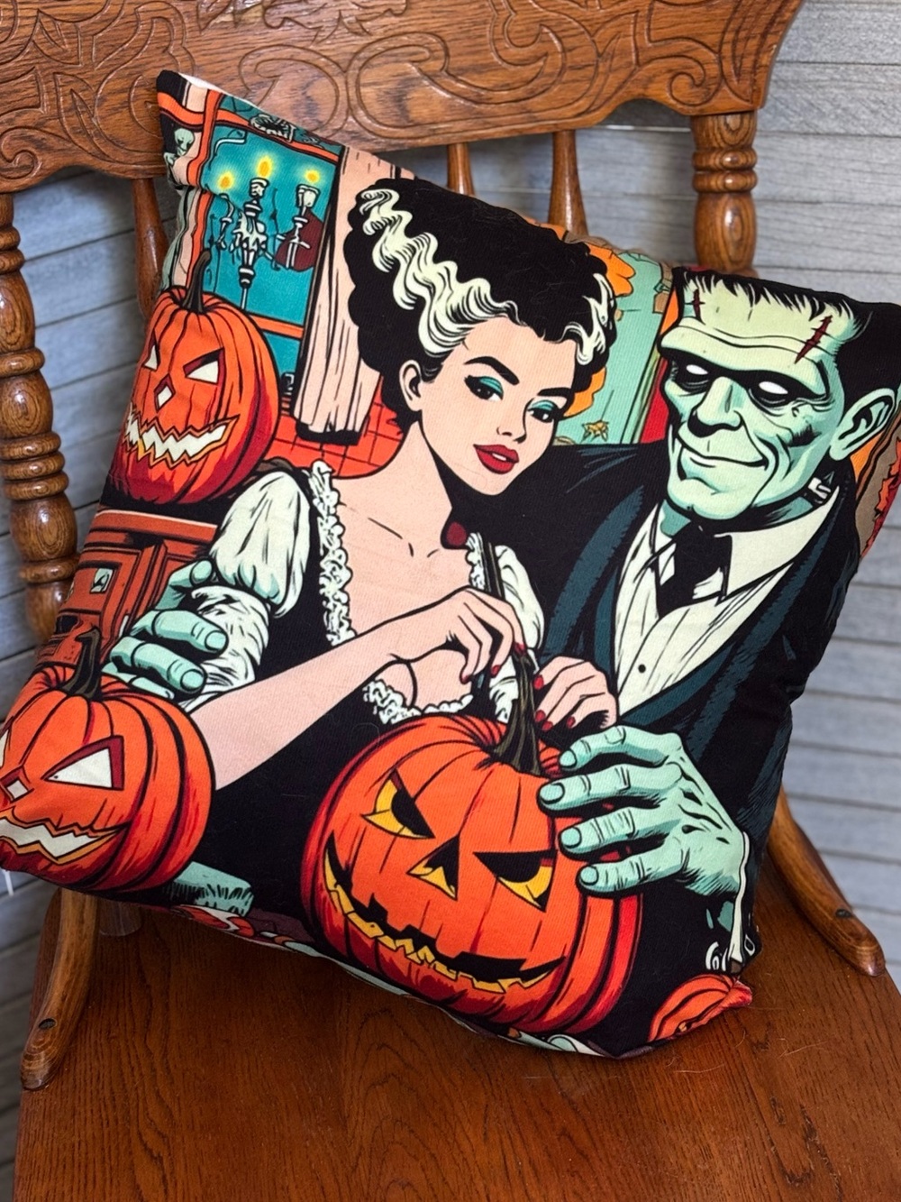 NWOT Frankenstein & Bride Halloween Pumpkin Carving Throw Pillow w/ Plush Insert